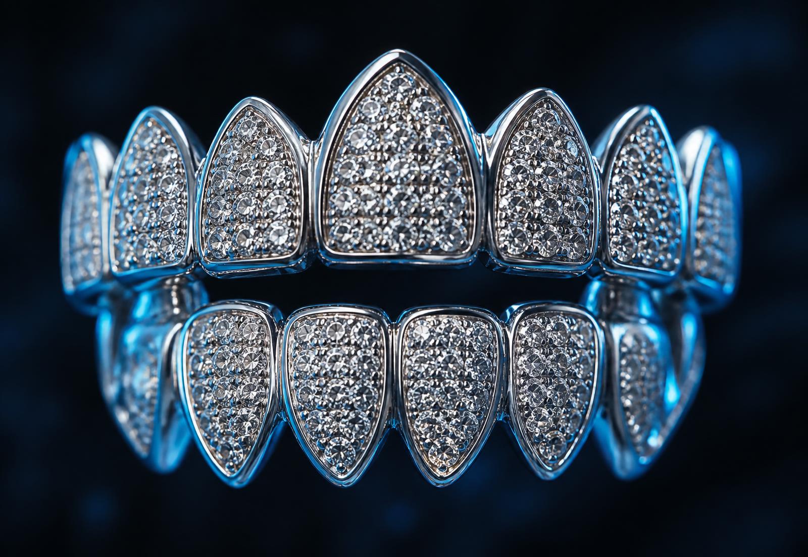 Diamond-iced custom grillz top and bottom set photographed on a dark background