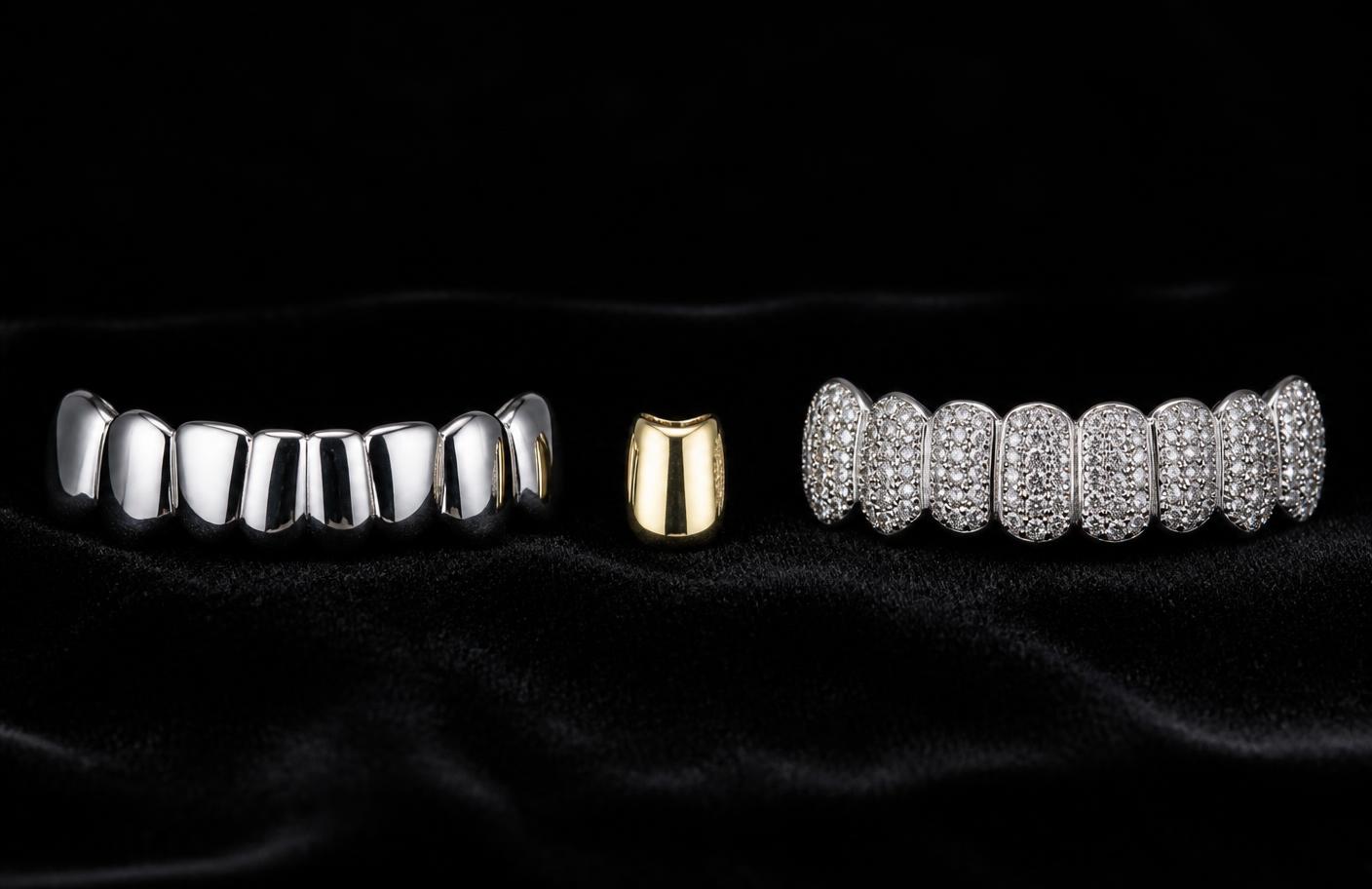 Silver grillz set, single gold tooth cap and iced diamond set side by side
